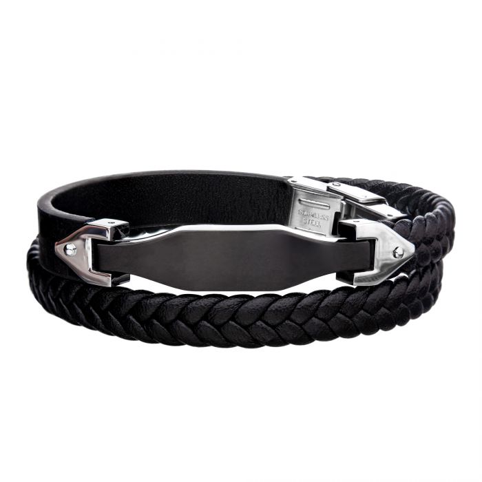 Steel Black Plated & Leather Braided with Steel Clasp and Adjustable Double Wrap Bracelet