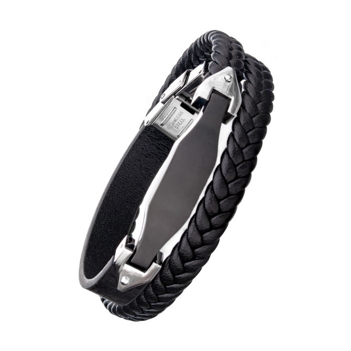 Steel Black Plated & Leather Braided with Steel Clasp and Adjustable Double Wrap Bracelet