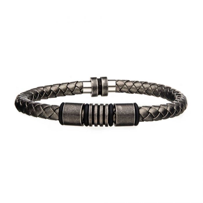 Metallic Grey Braided Leather Antique Beads Bracelet