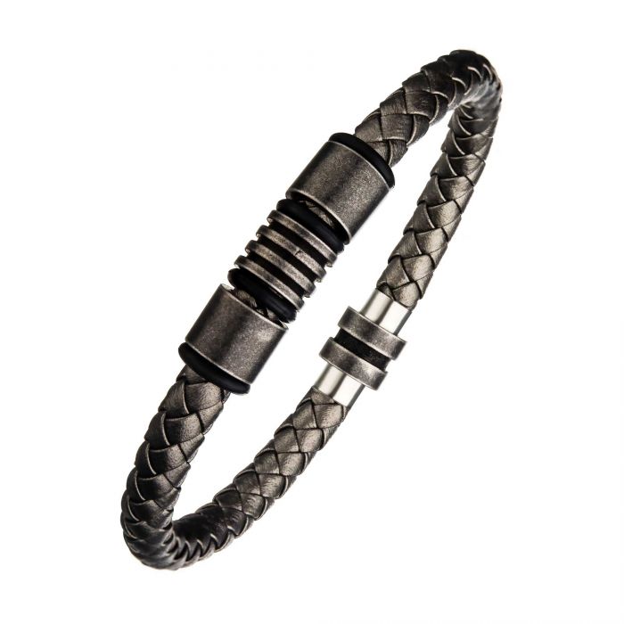 Metallic Grey Braided Leather Antique Beads Bracelet