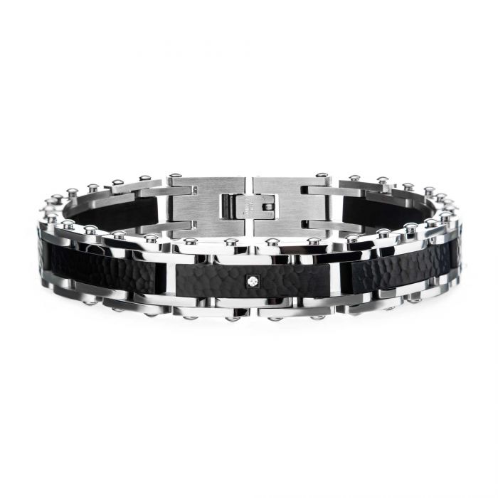 Two Tone Steel, Black Hammered Bracelet with CZ's.