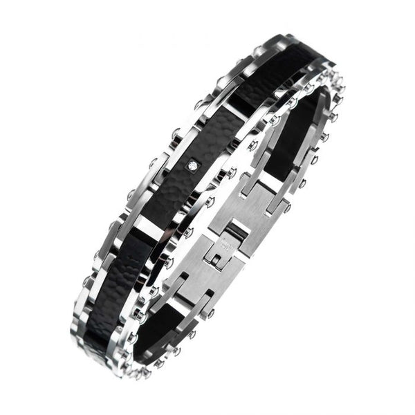 Two Tone Steel, Black Hammered Bracelet with CZ's.