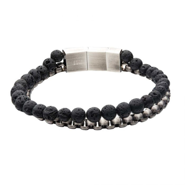 Stainless Steel Gun Metal Bold Box Lava bead Bracelet