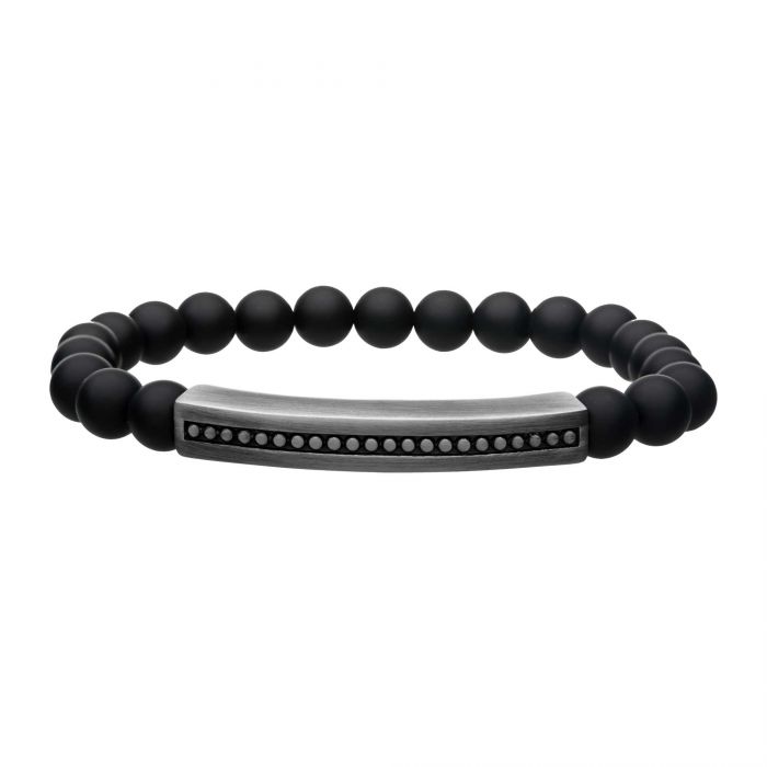 Stainless Steel Gun Metal Twist Plate & Brushed Onyx Bead Stretch Bracelet.