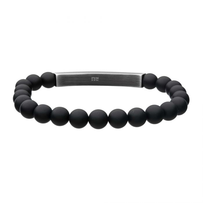 Stainless Steel Gun Metal Twist Plate & Brushed Onyx Bead Stretch Bracelet.