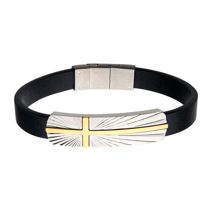 Black Leather with  Steel/Gold Transfiguration Cross Bracelet