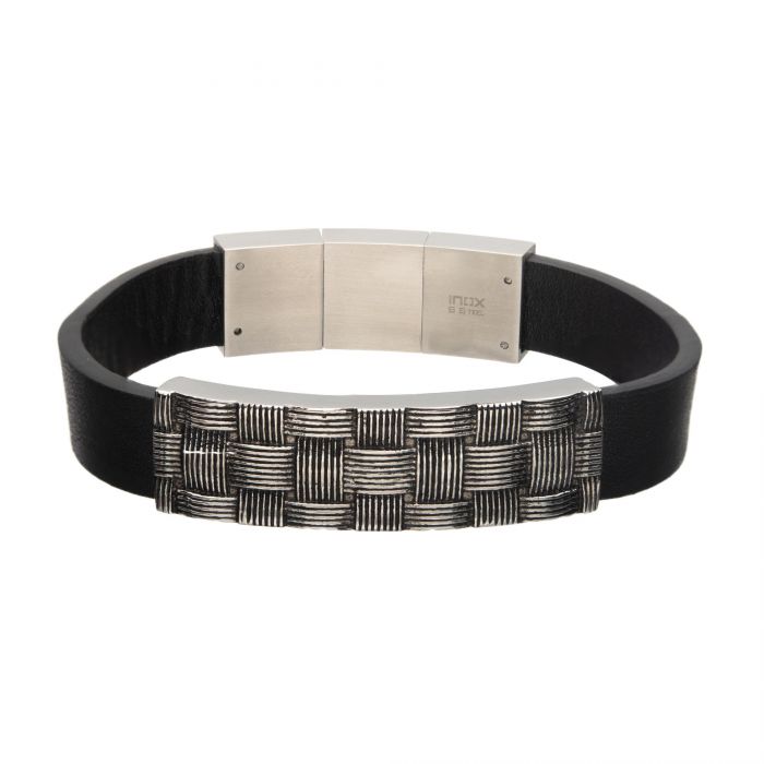 Stainless Steel with Antiqued Finish Weave Pattern ID Black Leather Bracelet