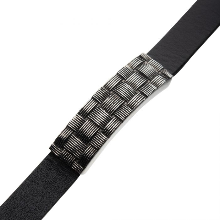 Stainless Steel with Antiqued Finish Weave Pattern ID Black Leather Bracelet