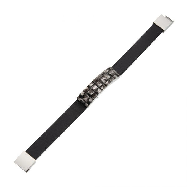 Stainless Steel with Antiqued Finish Weave Pattern ID Black Leather Bracelet