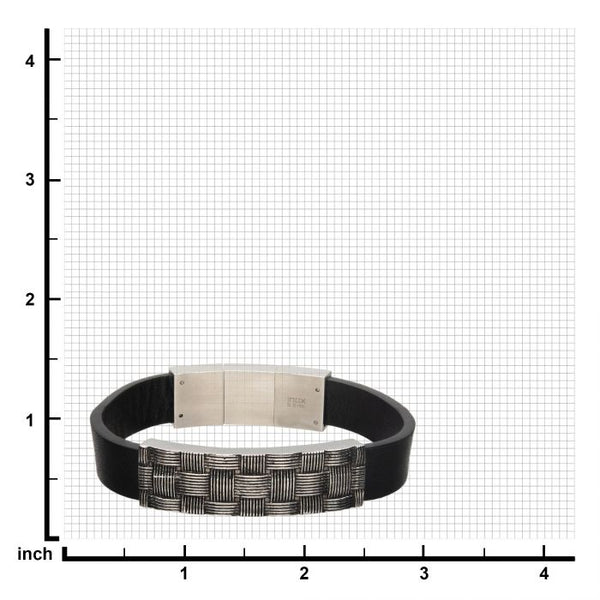 Stainless Steel with Antiqued Finish Weave Pattern ID Black Leather Bracelet