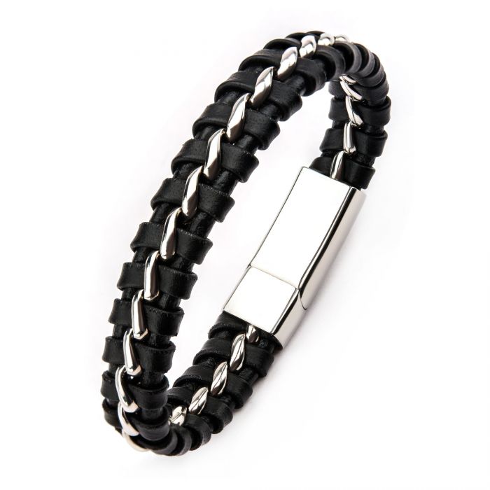 Inox Black Braided Leather with Steel Clasp Bracelet