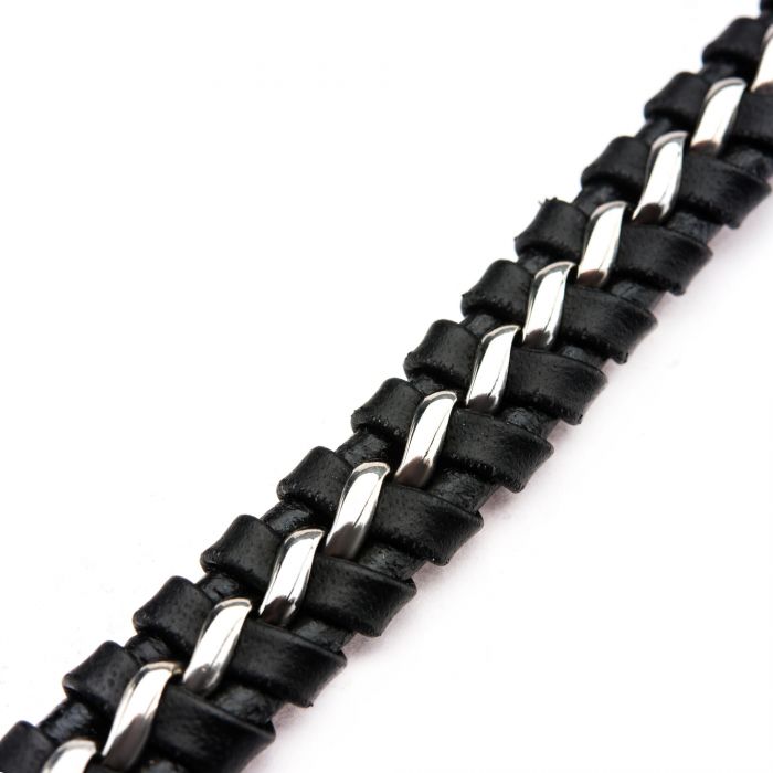 Inox Black Braided Leather with Steel Clasp Bracelet