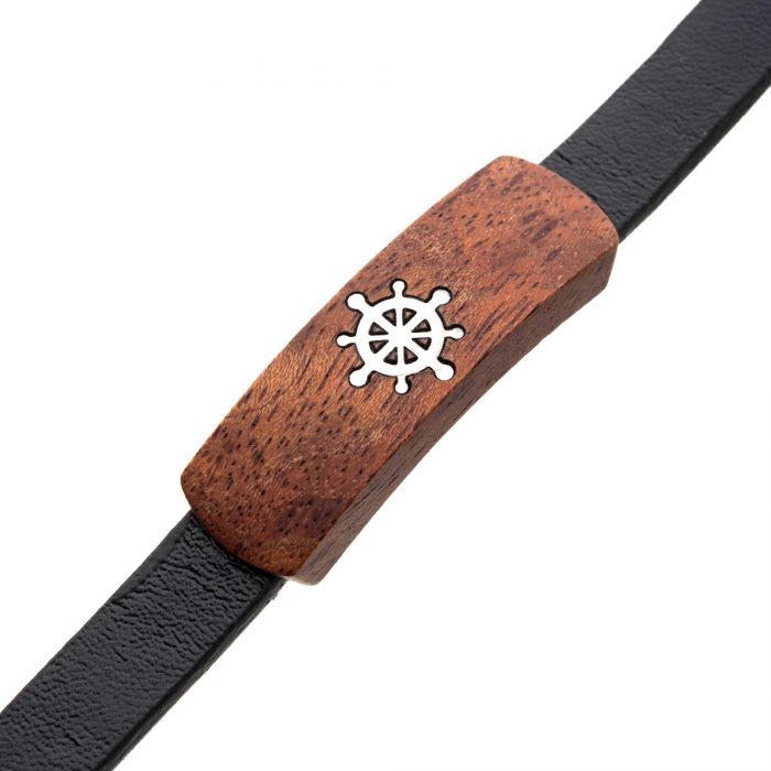 Black Leather with Ship's Wheel in Red Wood ID Bracelets