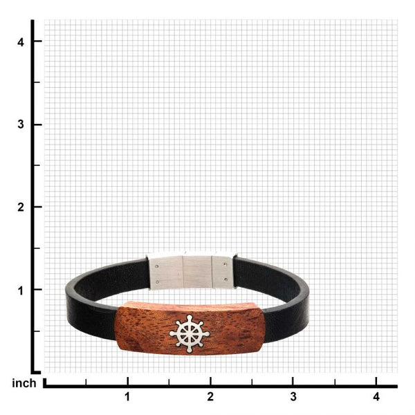 Black Leather with Ship's Wheel in Red Wood ID Bracelets