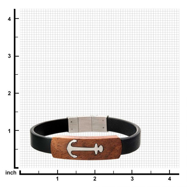 Black Leather with Anchor in Red Wood ID Bracelet