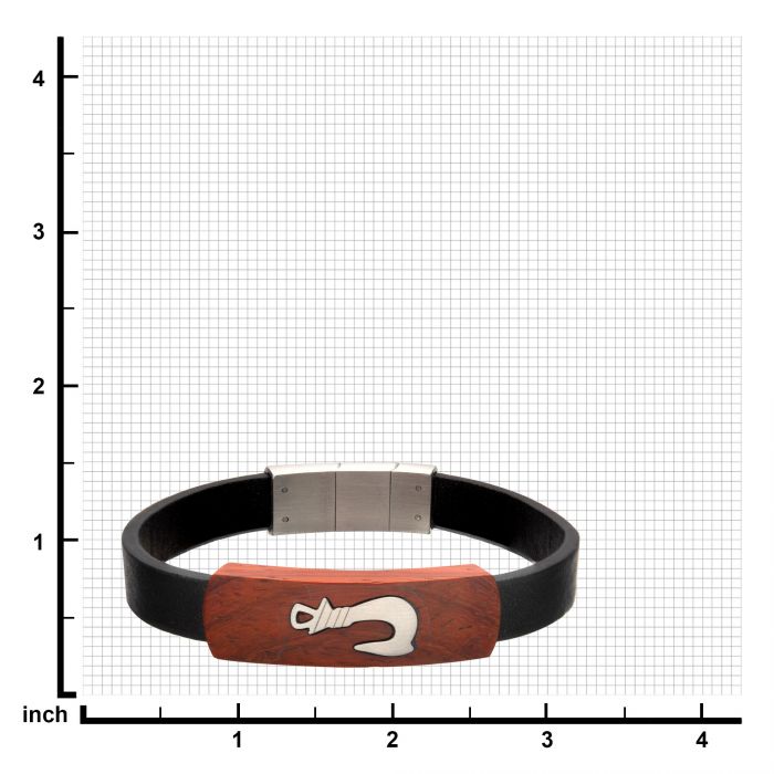 Black Leather with Fish Hook in Red Wood ID Bracelet