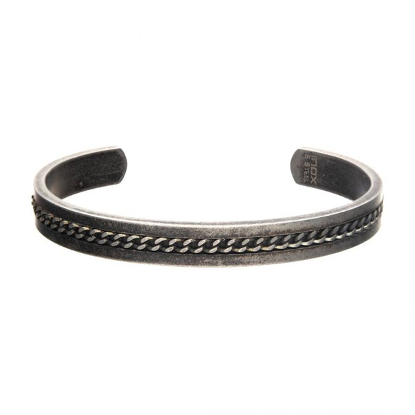 Stainless Steel with Antiqued Finish Cuff Bangle Bracelet with Curb Chain Design in the Middle