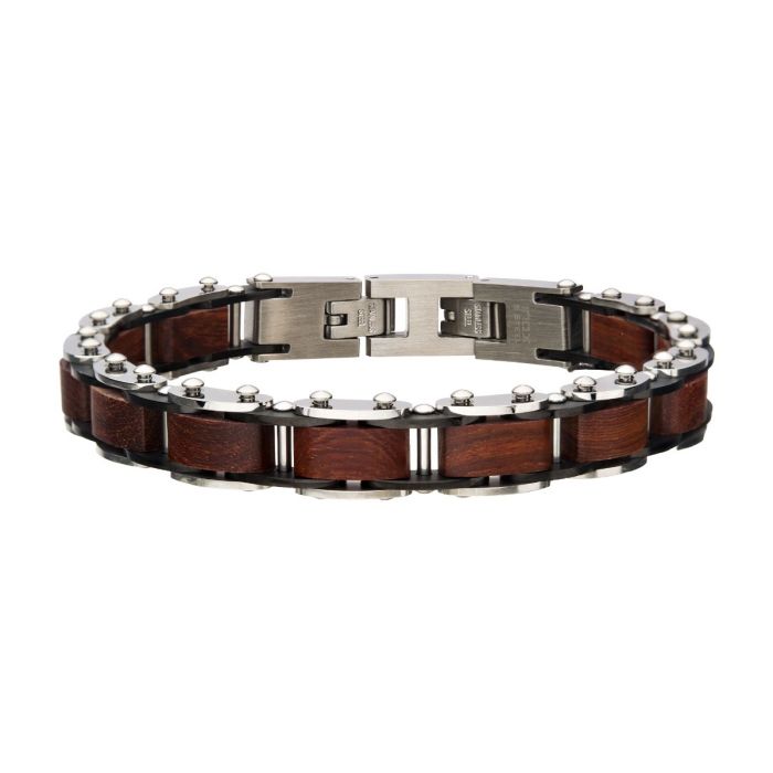 Stainless Steel with Red Sandal Wood Link Bracelet