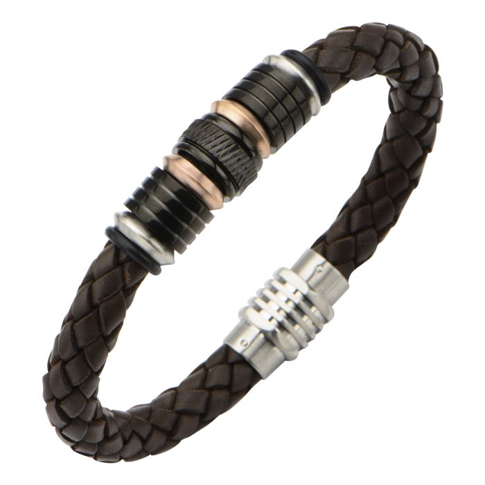 Beads in Brown Braided Leather Bracelet