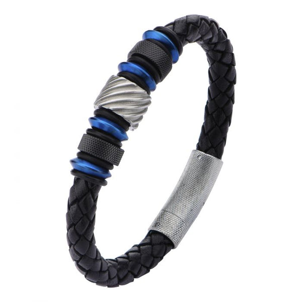 Beads in Black Braided Leather Bracelet