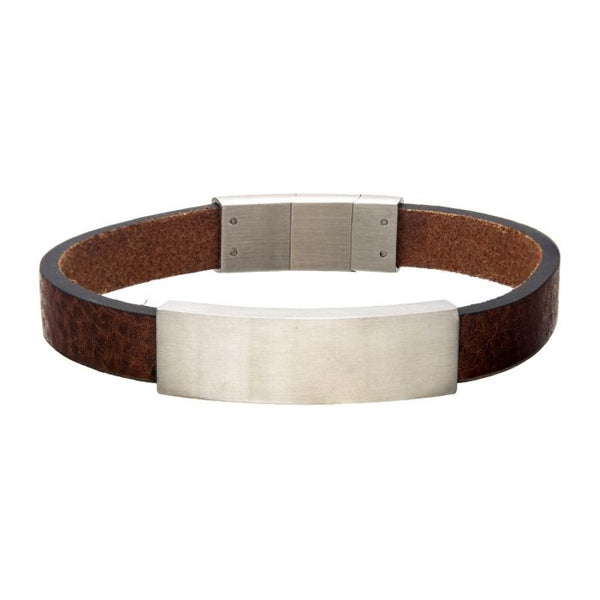 Brown Leather with Stainless Steel Engravable ID Bracelet