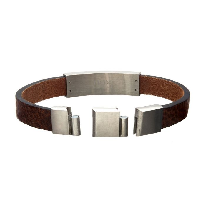 Brown Leather with Stainless Steel Engravable ID Bracelet