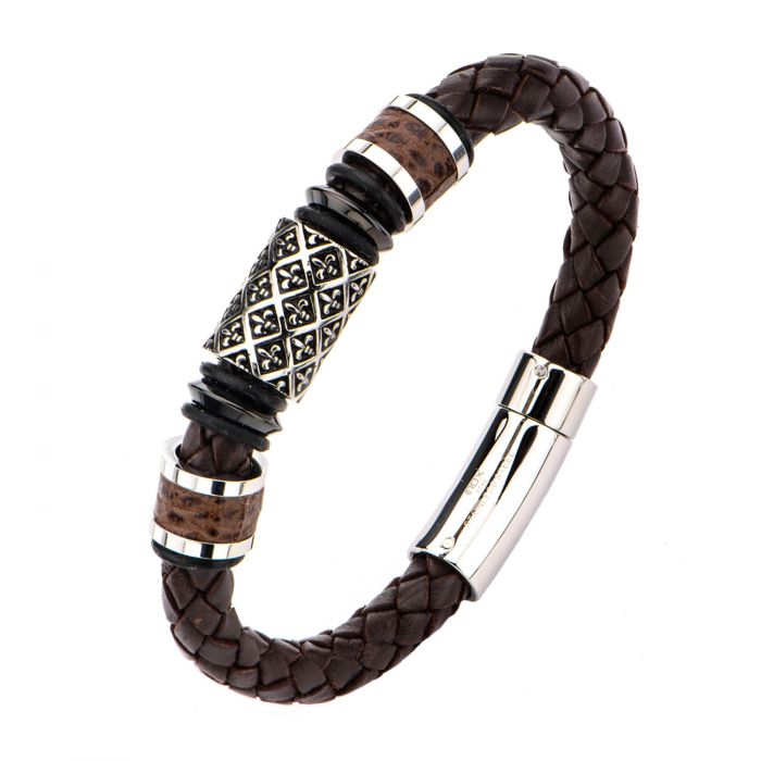 Fleur De Lis Brown Braided Leather Bracelet