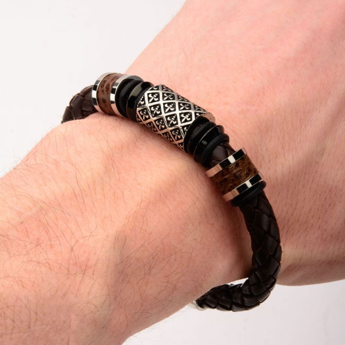 Fleur De Lis Brown Braided Leather Bracelet