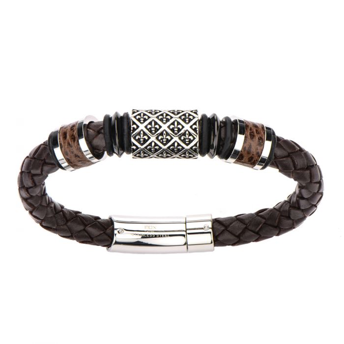 Fleur De Lis Brown Braided Leather Bracelet