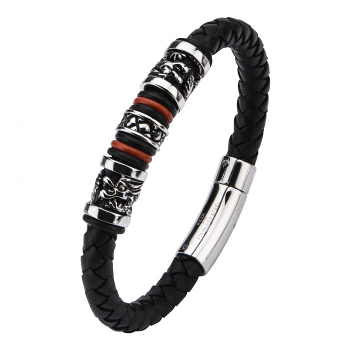 Black Leather with Red Orange Steel Bracelet