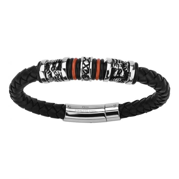 Black Leather with Red Orange Steel Bracelet