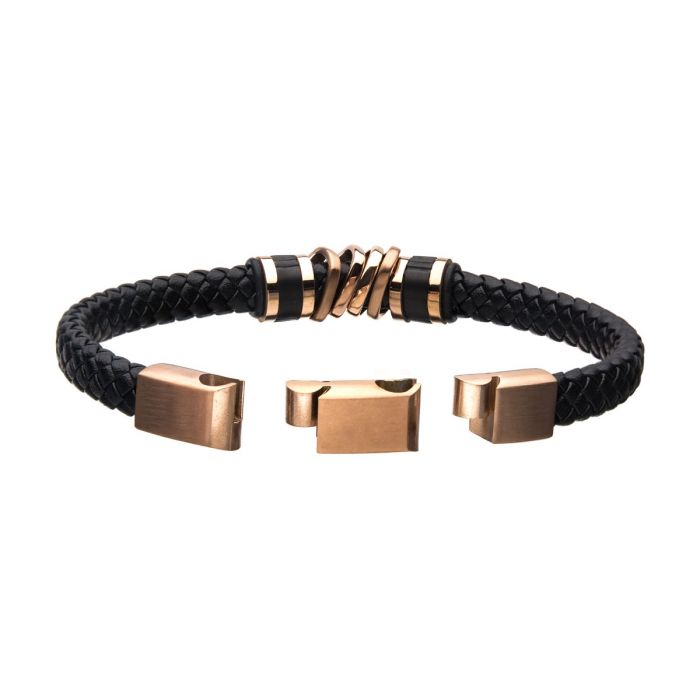 Black Braided Leather with Rose Gold IP Serrated Station Bracelet