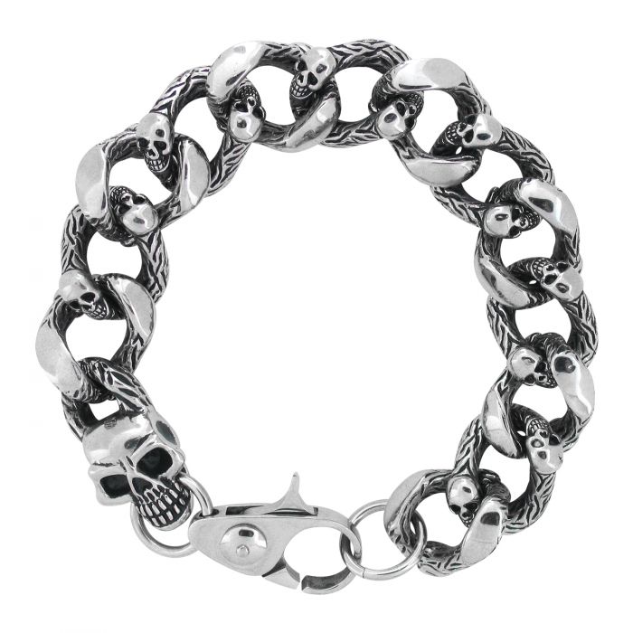 Heavy Duty Curb Chain Bracelet with Casted Skulls