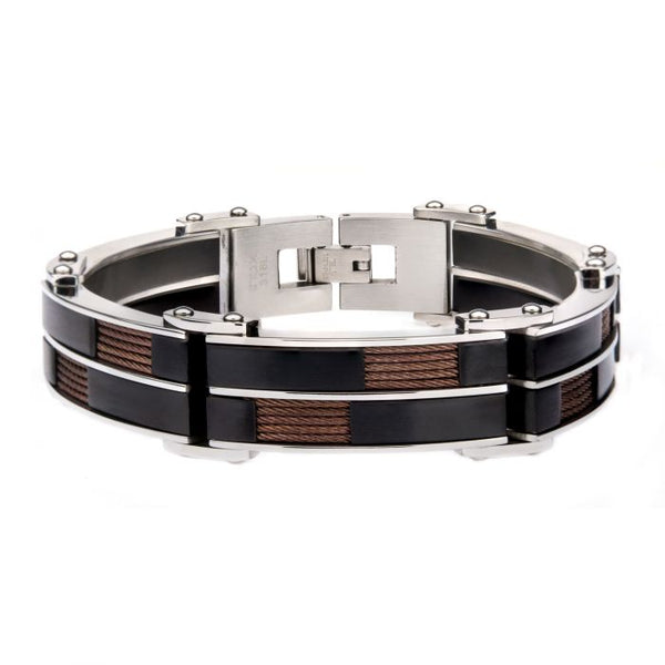 Stainless Steel Alternate Black Plated and Inlayed Brown Cable Link Bracelet