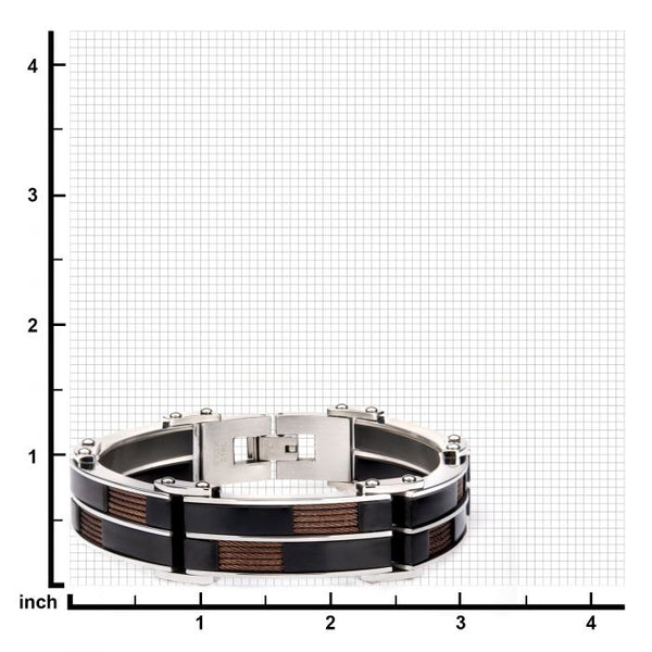 Stainless Steel Alternate Black Plated and Inlayed Brown Cable Link Bracelet