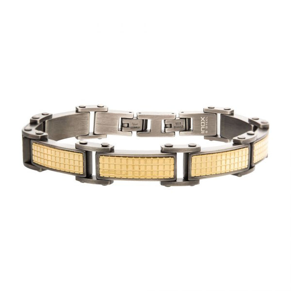 Gun Metal Plated with 18K Gold Plated Grid Inlay Link Bracelet