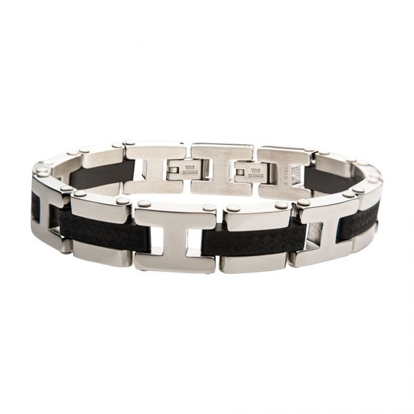 Black Plated Weave Pattern with Steel H-Link Bracelet