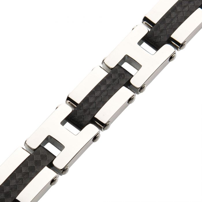 Black Plated Weave Pattern with Steel H-Link Bracelet