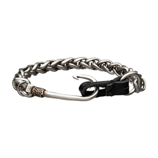 Stainless Steel and Antiqued Finish Hook with Black Leather Chain Bracelet