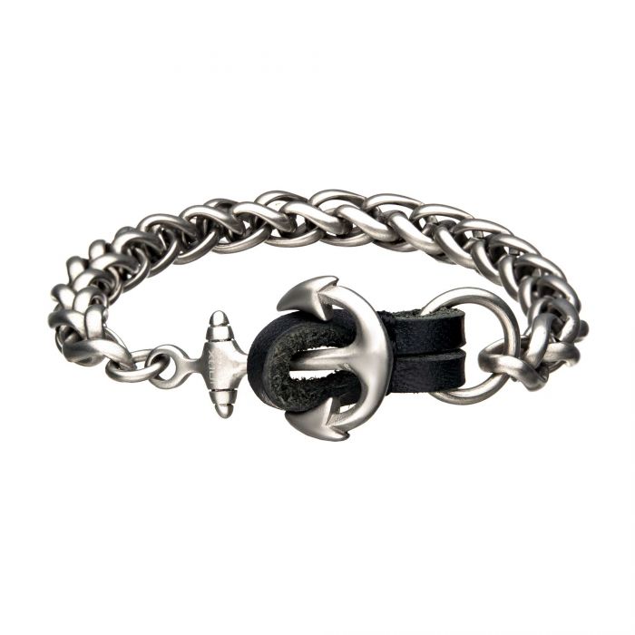 Stainless Steel and Antiqued Finish Anchor with Black Leather Chain Bracelet