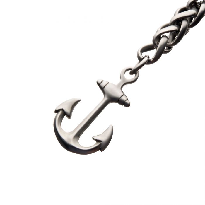 Stainless Steel and Antiqued Finish Anchor with Black Leather Chain Bracelet