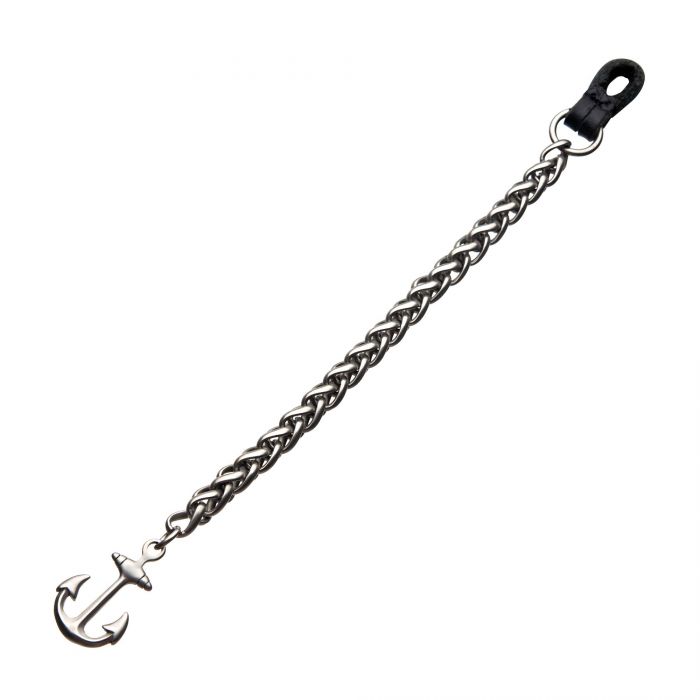 Stainless Steel and Antiqued Finish Anchor with Black Leather Chain Bracelet