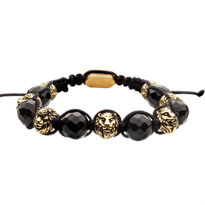 18K Gold Plated & Black Agate Stone Bead Adjustable Braided Bracelet