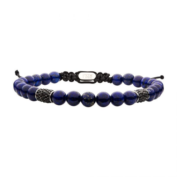 Stainless Steel Beads with Black CZ & Lapis Stone Bead Adjustable Non-Braided Bracelet