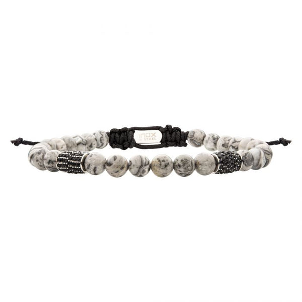 Stainless Steel Beads with Black CZ & Grey Jasper Stone Bead Adjustable Non-Braided Bracelet