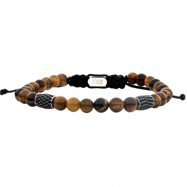 Stainless Steel Beads with Black CZ & Tiger Eye Stone Bead Adjustable Non-Braided Bracelet
