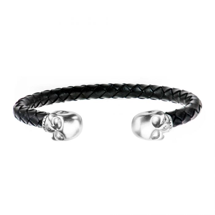 Black Leather with Steel Skull Cuff Bracelet