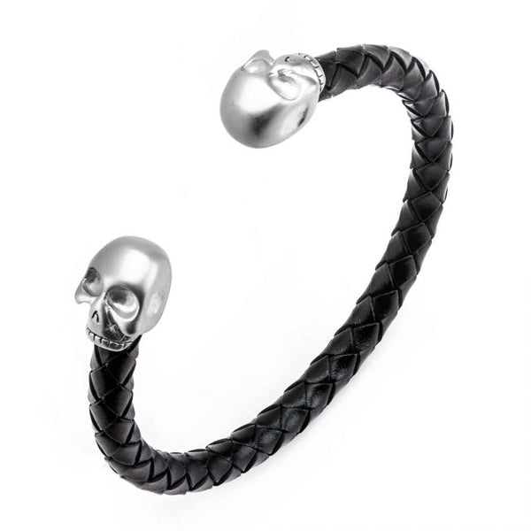Black Leather with Steel Skull Cuff Bracelet