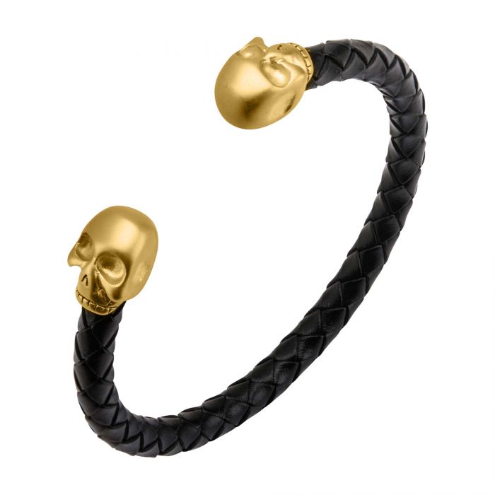 Black Leather with Gold Plated Skull Cuff Bracelet