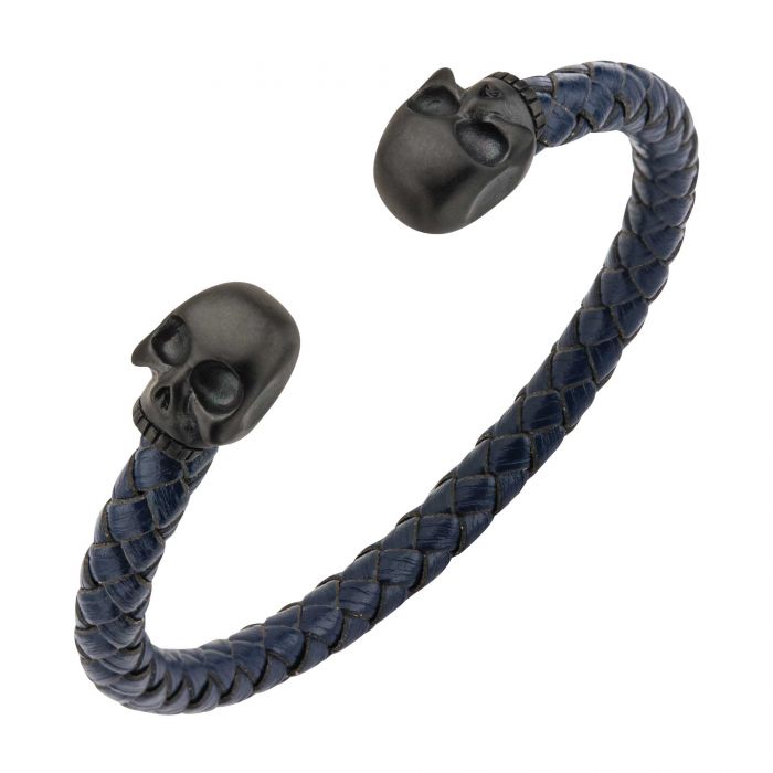 Black Leather with Steel Skull Cuff Bracelet